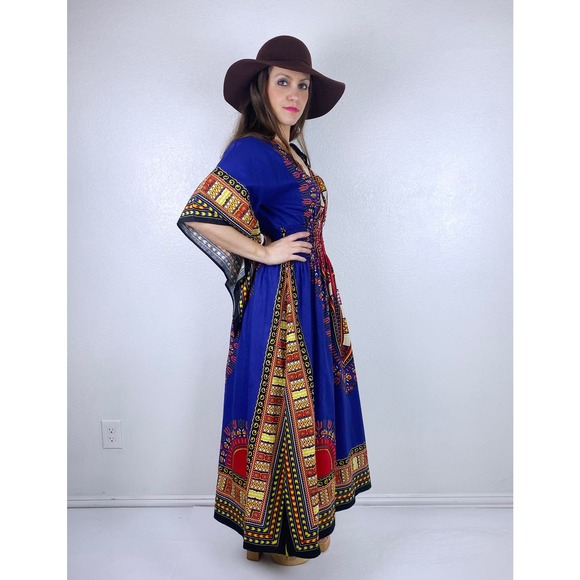 vintage 70s Royal Blue ANGEL SLEEVE DASHIKI s/m/l maxi dress ethnic kaftan bold - Picture 4 of 10